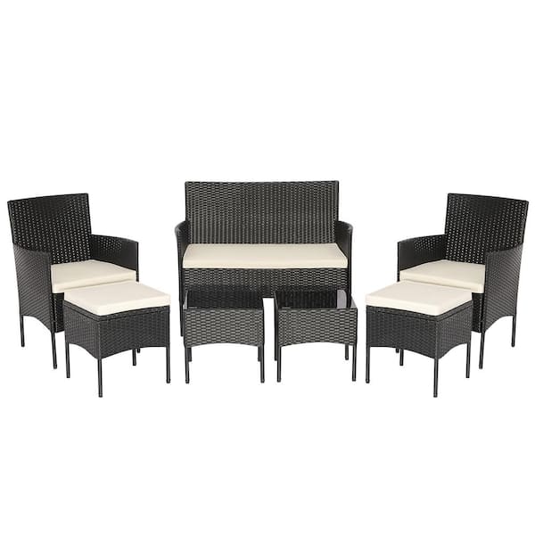 Gymax 7-Piece Outdoor Wicker Sofa Set Patio Rattan Sofa Set with Coffee Tables and Ottomans