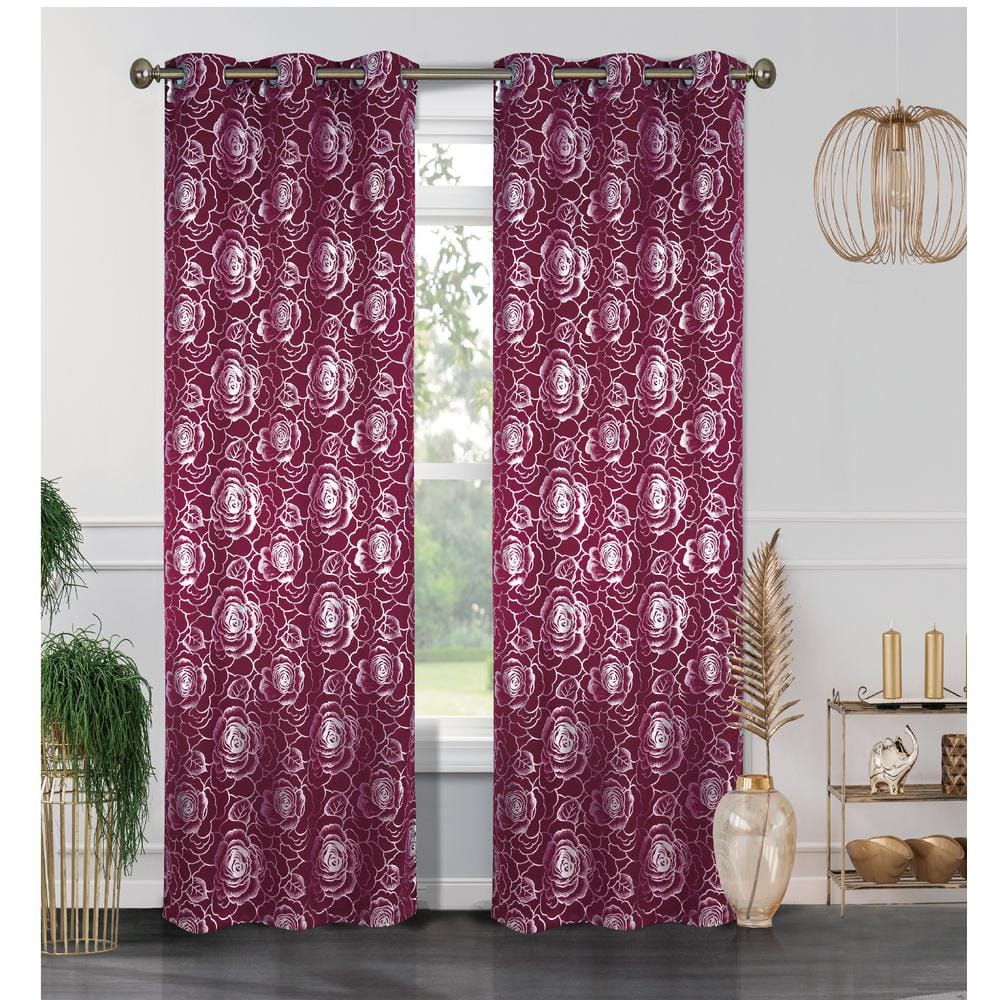 Benham Burgundy Floral Polyester Thermal 76 in. W x 84 in. L Grommet Blackout Curtain Panel (Set of 2) -  J&V TEXTILES, BETHANY BURGUNDY