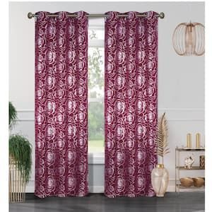 Benham Burgundy Floral Polyester Thermal 76 in. W x 84 in. L Grommet Blackout Curtain Panel (Set of 2)