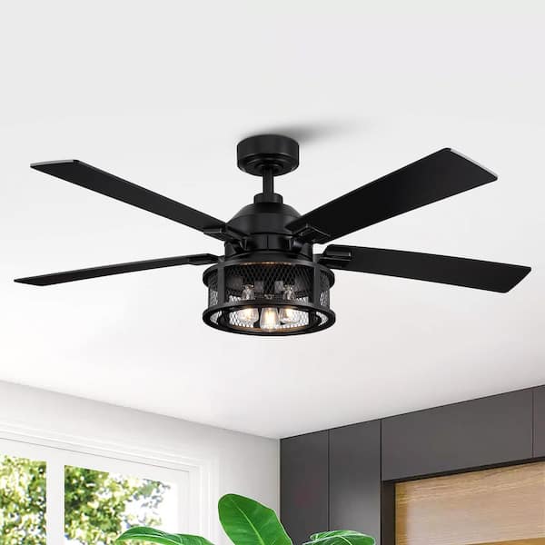 52 in. Indoor Industrial Mesh Metal Reversible Blades Black Ceiling Fan with Light Kit and Remote Control