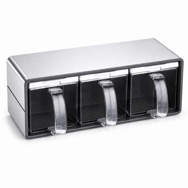 3-Grid Stainless Steel Seasoning Organizer Box with Removable Lids and Spoon Set, 20 oz Capacity Each
