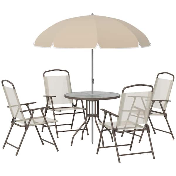 6-Piece Metal Patio Dining Set-Beige for 4 with Umbrella, 4 Folding Dining Chairs and Round Glass Table