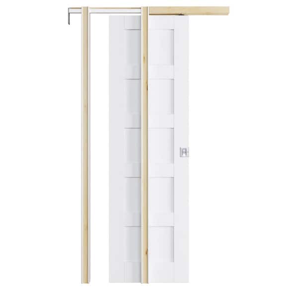 ARK DESIGN 24 in. x 80 in. Paneled 5-Lite White Primed MDF Pocket Sliding Door With Hardware Kit (Soft Close and Silver Lock Incl)
