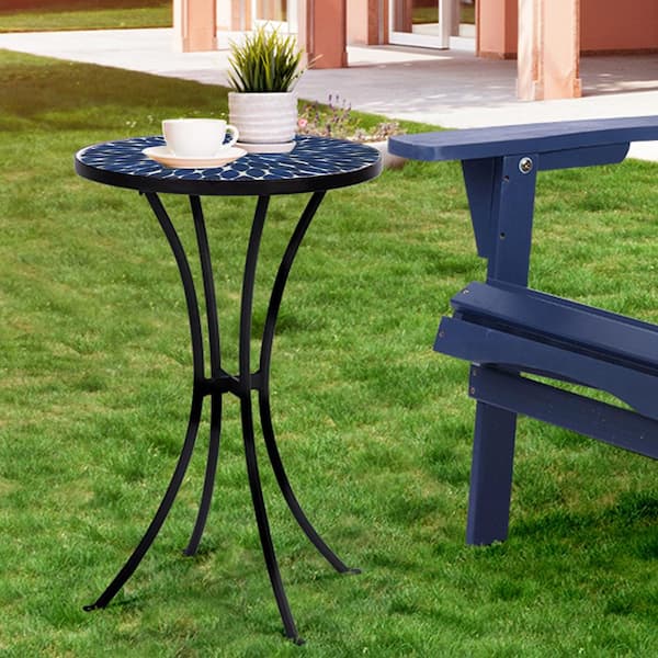 BOPOREA MEGO LLC 14 in. Iron Round Concrete Dark Blue Outdoor Side Table with Tile Top