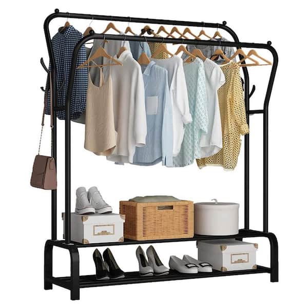 Unbranded Black Metal Garment Clothes Rack Double Rods 43.3 in. W x 50.3 in. H