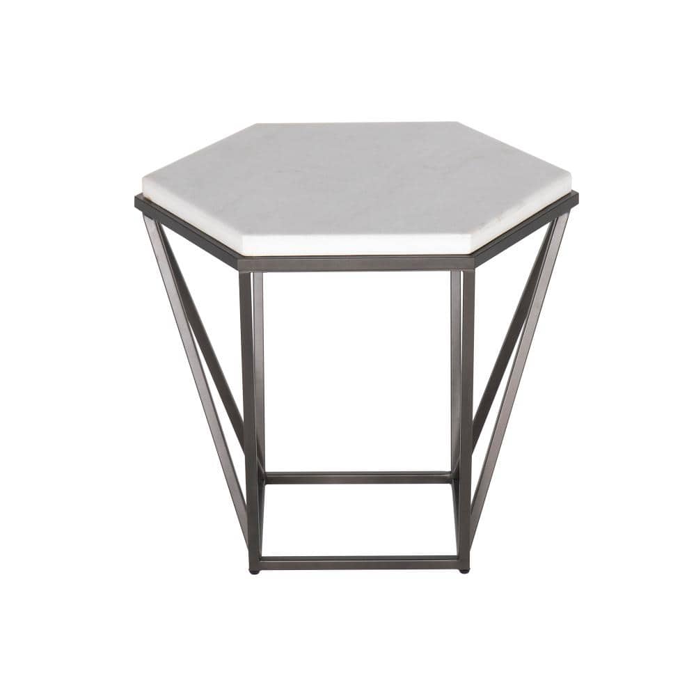 Transitional Hexagonal White Marble & Coffee Metal End Table