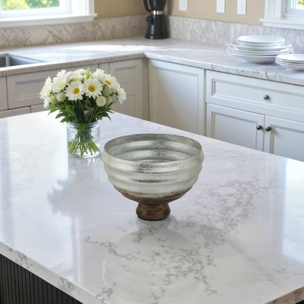 Sagebrook Home Ivory/Gray Glass Opal 9 in. Pedestal Decorative Bowl