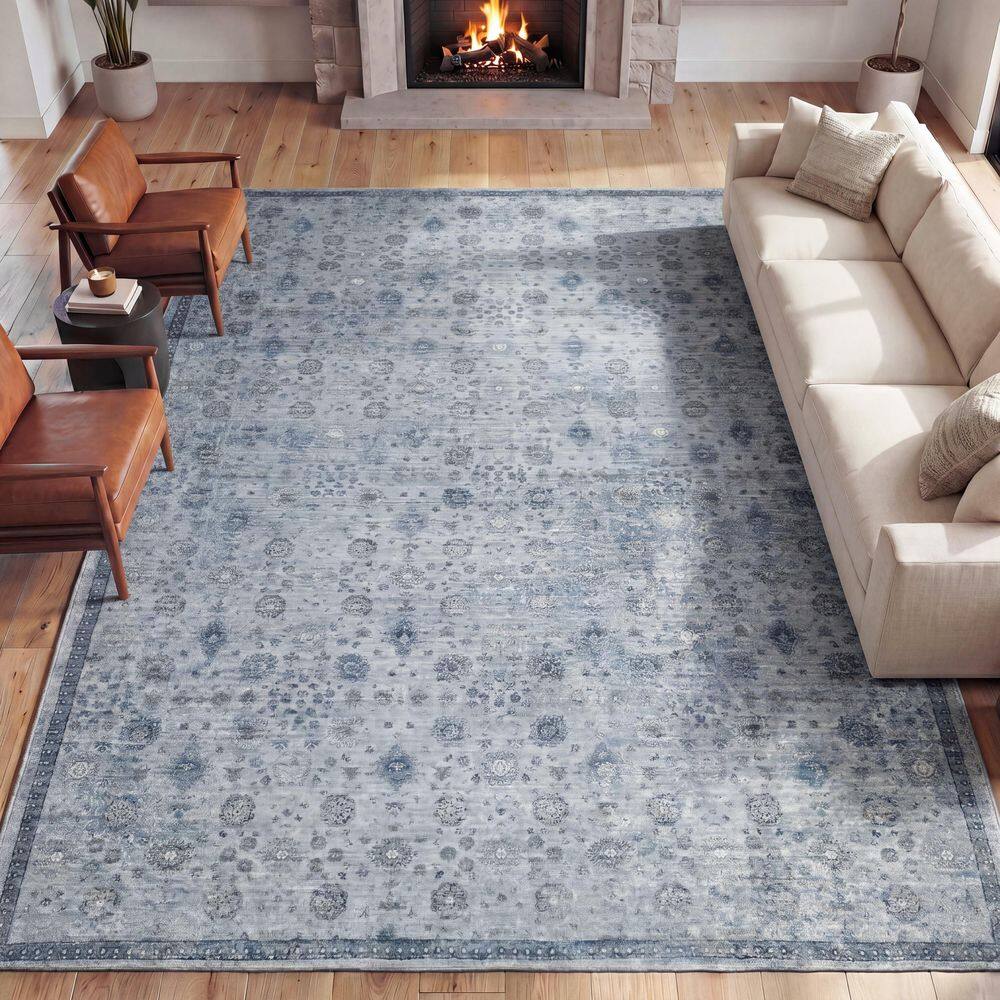 Petunia Distressed All-Over Floral Border Non-Slip Machine-Washable Blue/Light Gray 8 ft. x 10 ft. Area Rug price history on PriceWatchPro