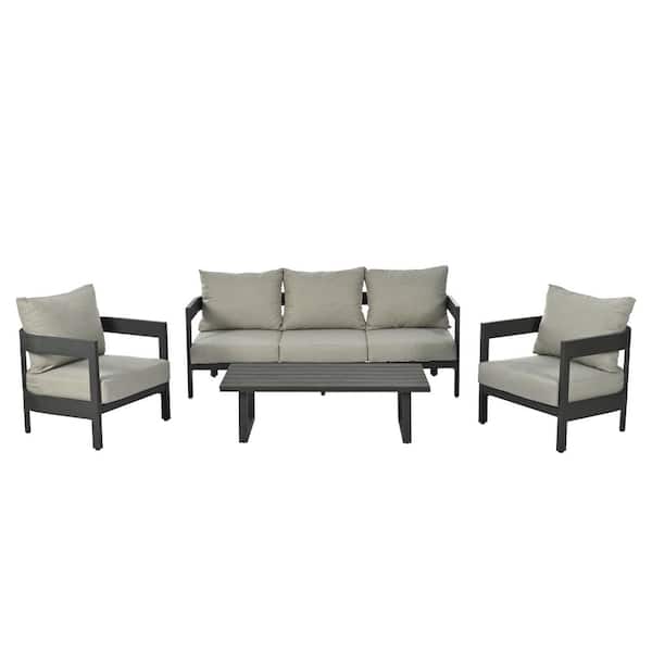 Heloise 4-Piece Metal Outdoor Patio Conversation Set with Light Gray Cushions, Black