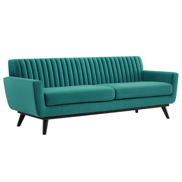 MODWAY Engage 90.5 in. Channel Tufted Performance Velvet Rectangle Modern 3-Seat Straight Sofa in Teal