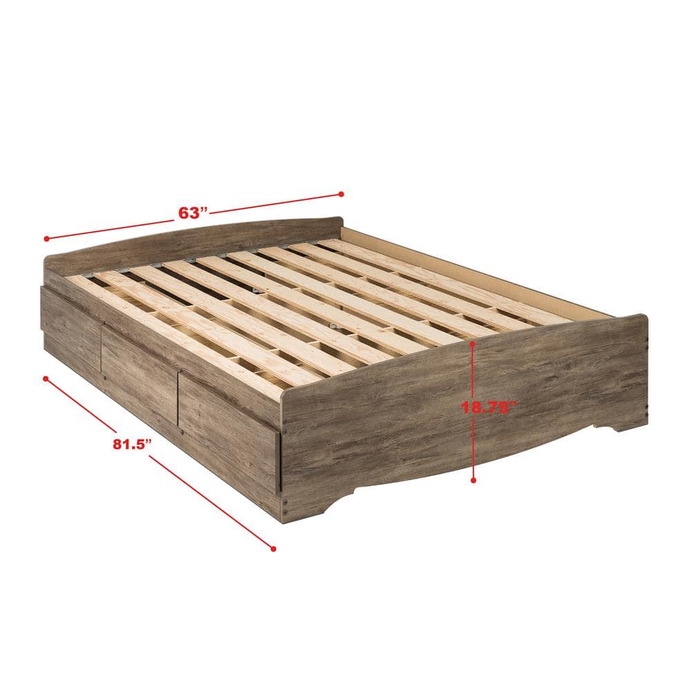 Queen Drifted Gray Wood Platform Storage Bed with 6 Drawers