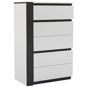 17.87 in. White and Metallic Gray 5-Drawer Wooden Tall Dresser Chest of Drawers