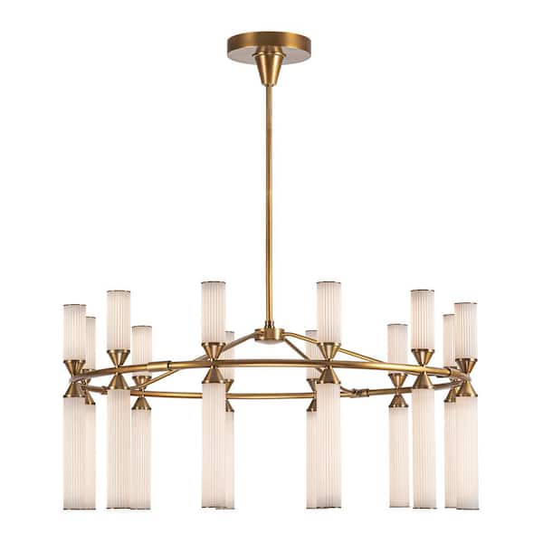 ALORA Edwin 38 in. 12-Light 118-Watt Vintage Brass/Frosted Ribbed Glass Integrated LED Chandelier