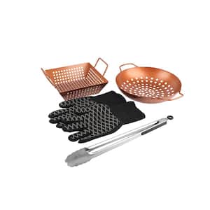 Grill Topper BBQ Grilling Copper Pan and Tray 5-Piece Set for Indoor/Outdoor Cooking w/Tongs and Heat Resistant Gloves