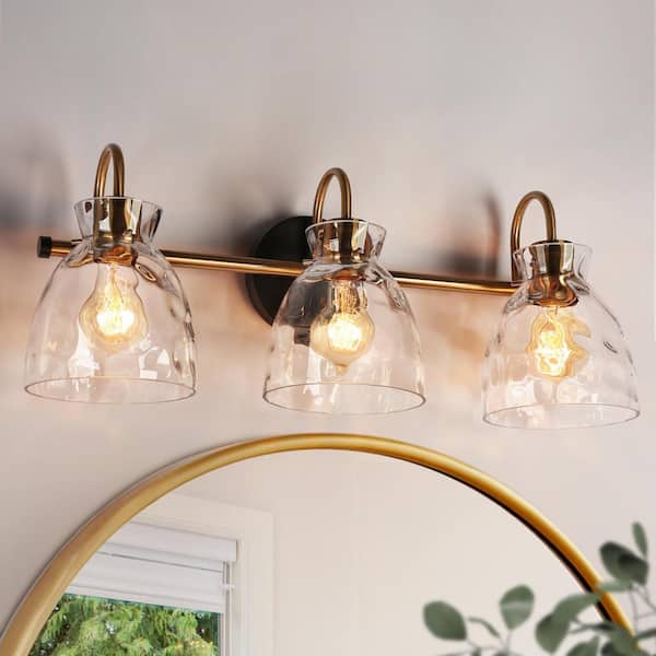 Uolfin 22.8 in. 3-Light Black and Brass Bell Bathroom Vanity Light with Textured Clear Glass Shades
