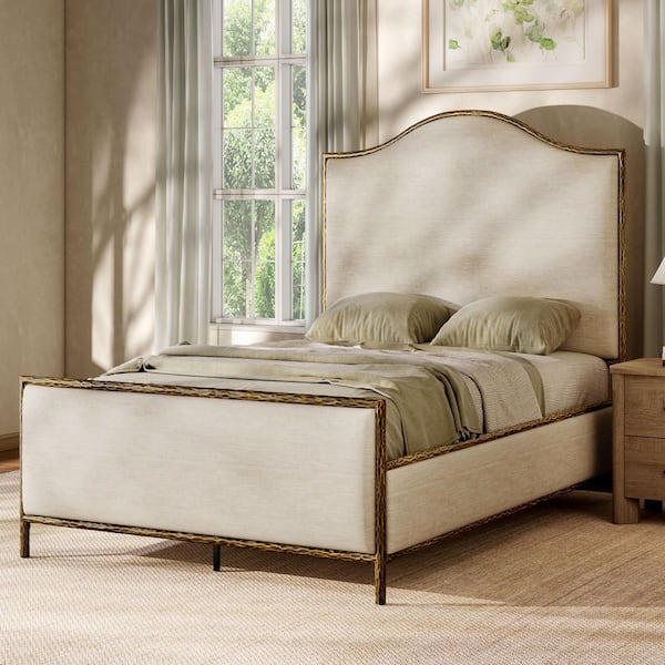 Parto Gold Modern Forged Metal Frame Full Upholstered Fabric Camel Back Panel Bed
