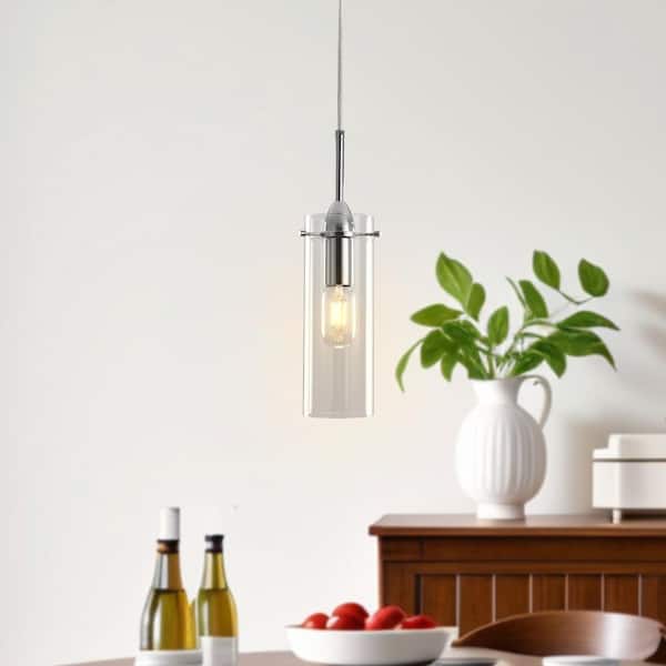 LWYTJO 60 -Watt 1-Light Chrome Shaded Pendant Light with Long Bar Glass Shade, No Bulbs Included