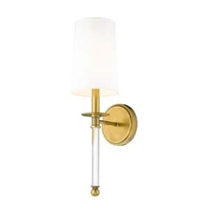 1-Light Rubbed Brass Wall Sconce with White Glass