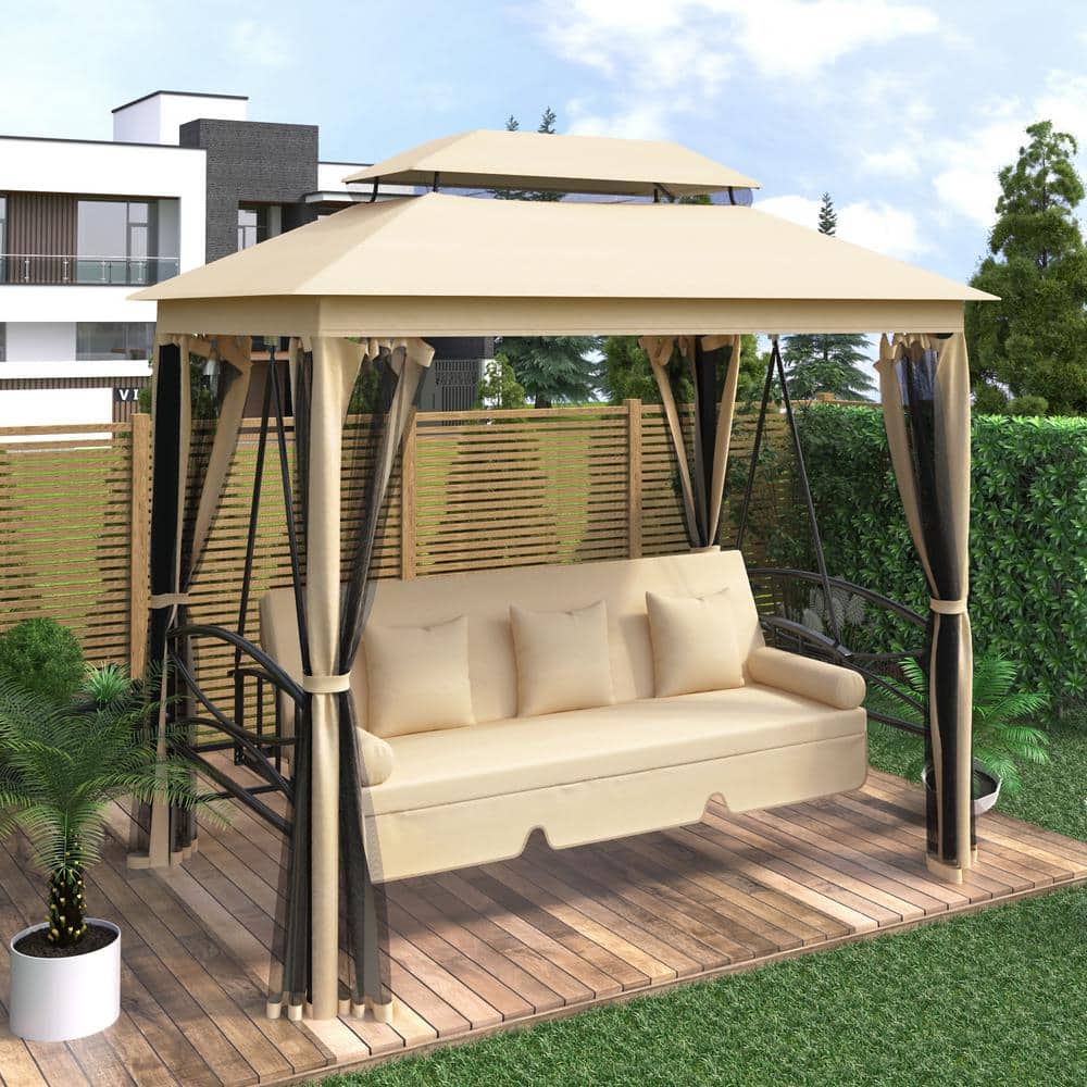 3-Person Metal Outdoor Patio Swing with Cushions, Double Roof Canopy and Mosquito Netting in Khaki