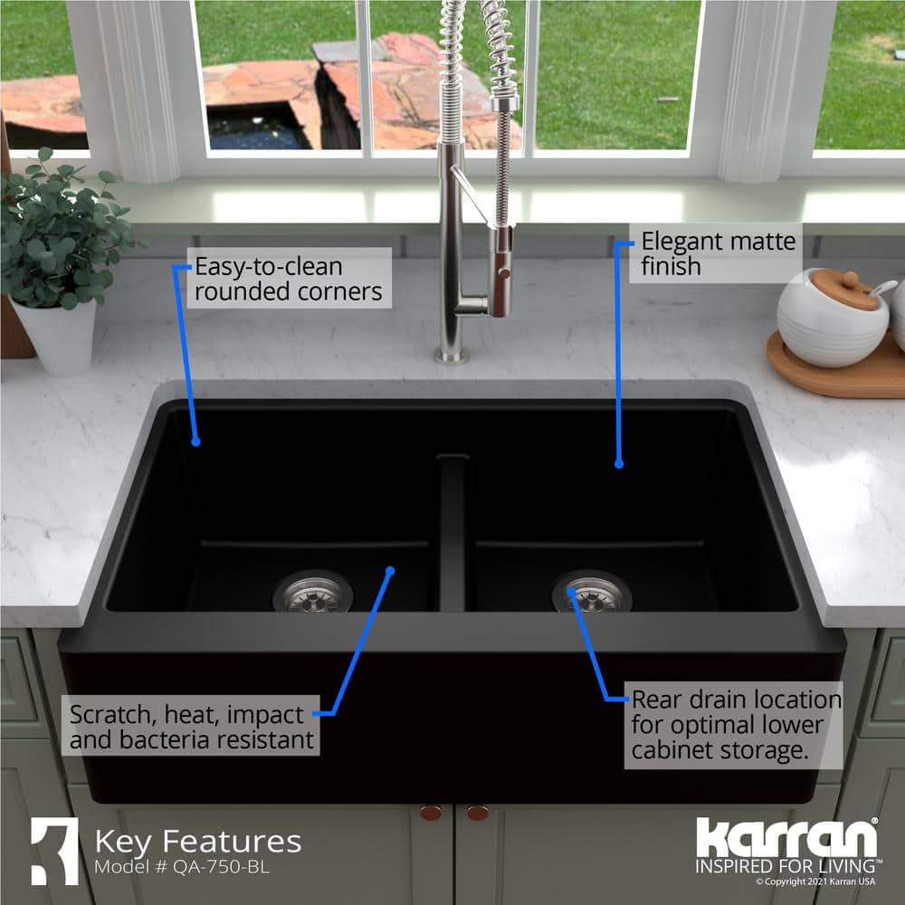 Brown Quartz Double Bowl Farmhouse Apron Front Kitchen Sink Kit