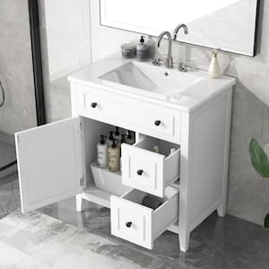 18.30 in. W x 30 in. D x 32.50 in. H Freestanding Bath Vanity with Ceramic Sink Top - Doors & Two Drawers in White