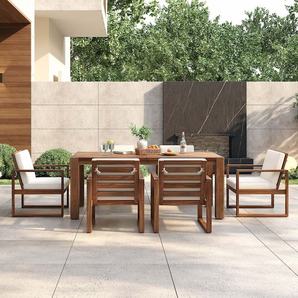 Mocha-Colored 7-Piece Wood Outdoor Dining Table and chair Set with Cream-Colored Cushions