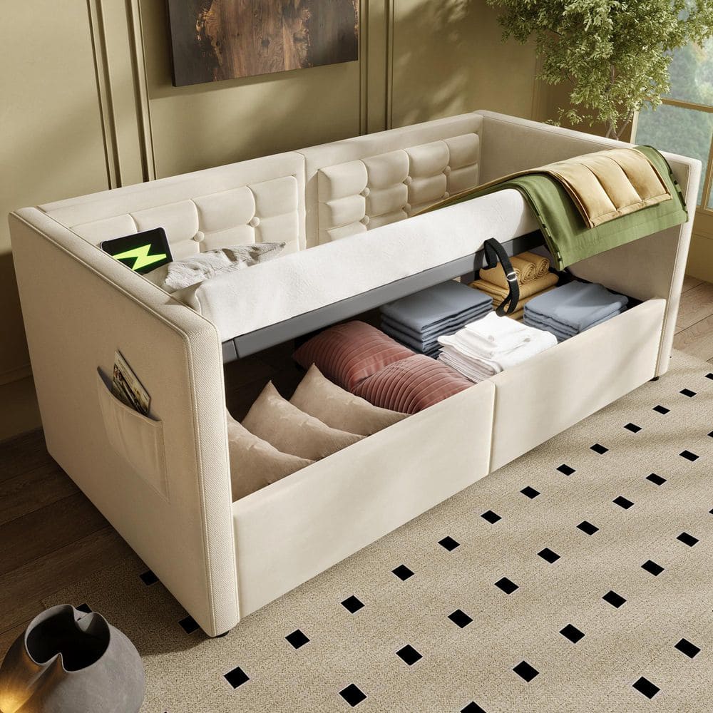 Beige Twin Size Velvet Upholstered Daybed with Hydraulic Storage, USB and Type-C Charging, Tufted Sofa Back