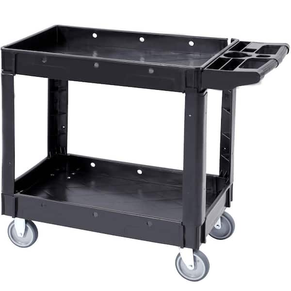 Utility Service Cart, 2 Shelf 550 LBS. Heavy Duty Plastic Rolling Utility Cart, 360° Swivel Wheels, Medium Lipped Shelf