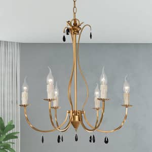 Farmhouse 6-Light Distressed Vintage Gold Candlestick Chandelier with Black Crystal Drops for Kitchen/Dining Room