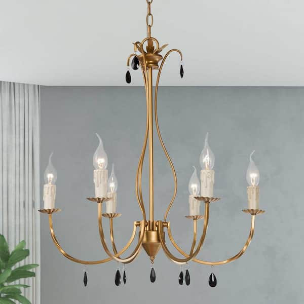 LNC Farmhouse 6-Light Distressed Vintage Gold Candlestick Chandelier with Black Crystal Drops for Kitchen/Dining Room