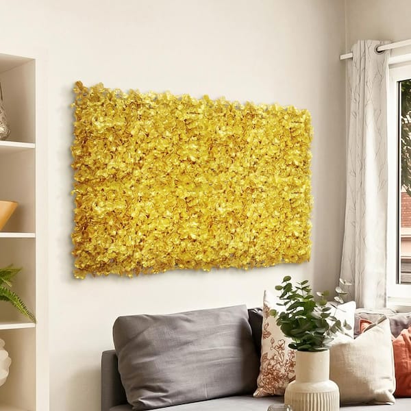 16 in. x 24 in. Gold Artificial Hydrangea Flower Wall Panel Hedge Mat Backdrop Privacy Screen (Set of 4)
