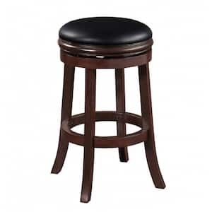 Sabi 30 in. Brown and Black Backless Solid Wood Swivel Counter Stool with Faux Leather Seat