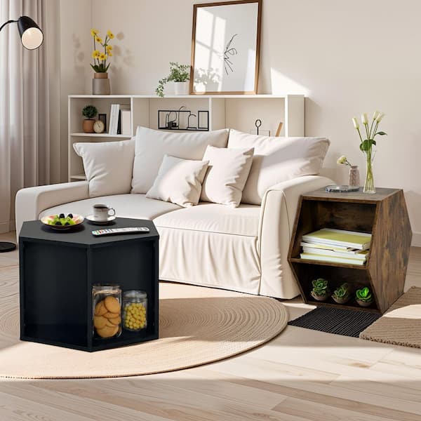 23.62 in Black Brown Hexagon MDF Convertible Coffee Table /Side Table/Storage Shelves with 2 Drawers (1pc)