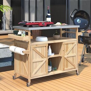 Natural Wood Kitchen Cart with Fir Wood Grill Table with Stainless Steel Top, Outdoor Available
