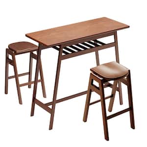 3 PCS Antique Brown Pub Dining Set Retro Bar Table Rubber Wood Stackable Backless High Stool for 2 with Shelf and Hooks