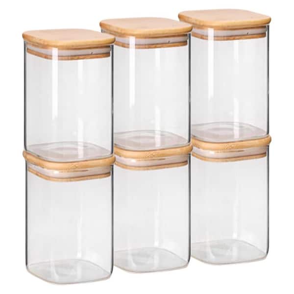 6-Piece Airtight Clear Glass Storage Containers with Lids Square Canister Set Pantry Organizers for Food