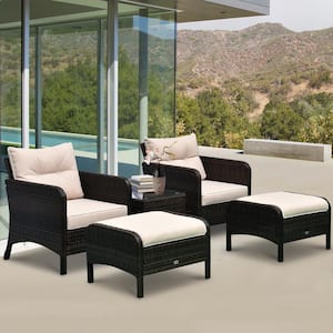 5-Piece Metal Frame Plastic Rattan Patio Conversation Set with Beige Cushions, 2 Chairs, 2 Ottomans, and Table
