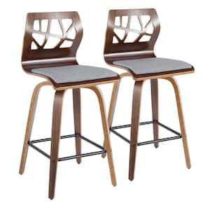 Folia 36 in. Grey Fabric and Walnut Wood High Back Counter Height Bar Stool with Square Black Footrest (Set of 2)