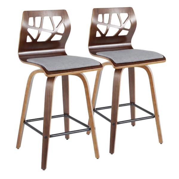 Lumisource Folia 36 in. Grey Fabric and Walnut Wood High Back Counter Height Bar Stool with Square Black Footrest (Set of 2)