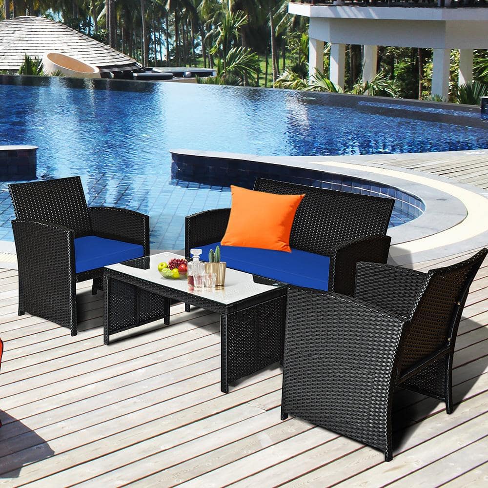 8-Piece Navy Cushioned Black Steel Patio Sofa Set