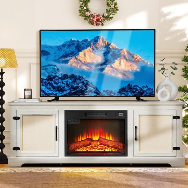65 in. Freestanding TV Stand with 23 in. Fireplace Insert, Adjustable Shelf Wood, Natural Rattan Door Cabinet, White