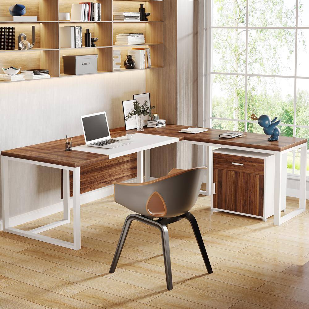 Walnut and White L-Shaped Executive Desk with Filing Cabinet