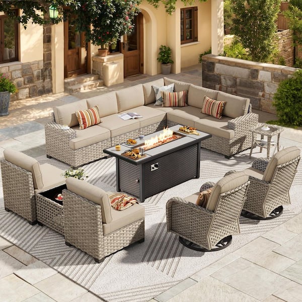 Reverie 13 Pieces Wicker Outdoor Patio Rectangular Fire Pit Set and Swivel Rocking Chairs with Beige Cushions