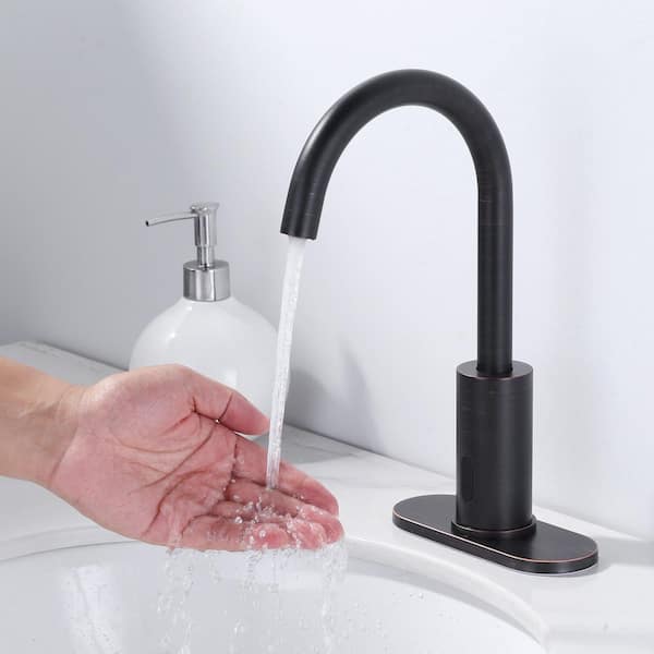 DC Powered Commercial Sensor Touchless Single Hole High-Arc Bathroom Faucet with Deck Plate in Oil Rubbed Bronze