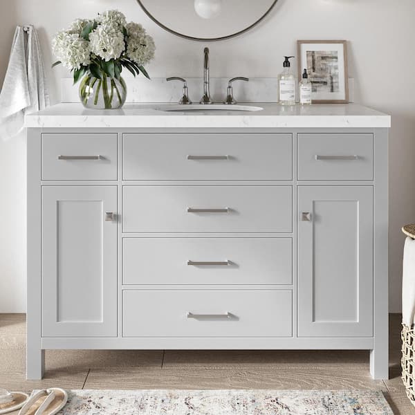 ARIEL Bristol 48.25 in. W x 22 in. D x 36 in. H Single Sink Freestanding Bath Vanity in Grey with Carrara White Quartz Top