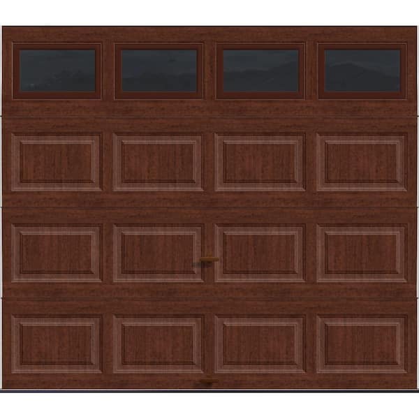 Classic Steel Short Panel 8ft x 7ft Insulated 12.9 R-Value Wood Look Cherry Garage Door with windows