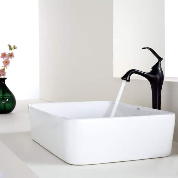 KRAUS Elavo 18.8 in. Rectangular Vessel Bathroom Sink in White Vitreous China with Pop Up Drain in Oil Rubbed Bronze