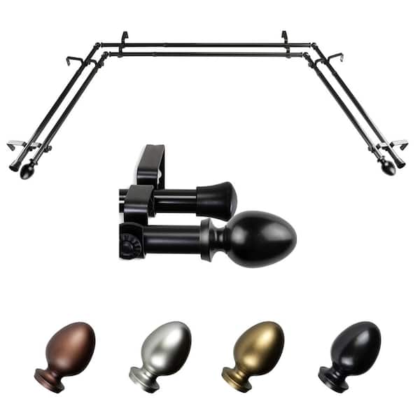 EMOH Tomesha 20-36 in. sides, 38-72 in. center Adjustable Bay Window Double Curtain Rod 13/16 in. in Black with Finial