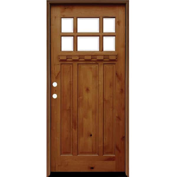 Pacific Entries 36 in. x 80 in. Craftsman Rustic 6 Lite Stained Knotty Alder Wood Prehung Front Door with Dentil Shelf