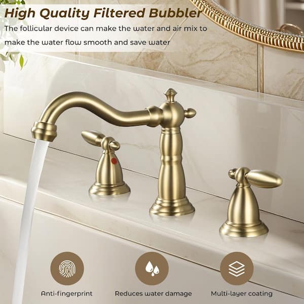 Double handle 8 in. Widespread Bathroom Faucet 3-Hole Bathroom Sink Faucet in Brushed Gold (2-Pack)